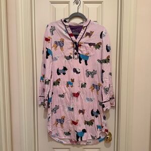 Nick & Nora Nightshirt Women Size M Pink Dog Print Flannel Long Sleeve Sleepwear